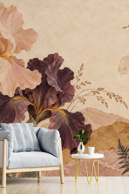 Detailed view of layered hills in soft beige and blush tones on wallpaper
