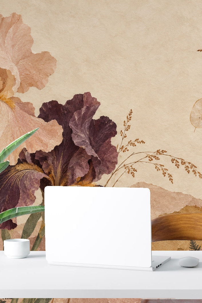 Partial wall view showing large floral motif with pink and purple hues
