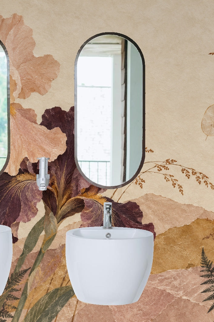 Delicate ferns and translucent circular seed pods in warm sepia wallpaper design