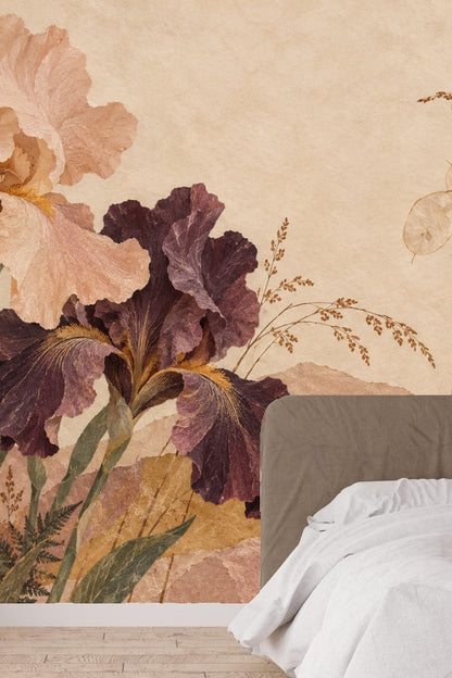 Modern white kitchen island with sepia-toned iris mural wallpaper behind it