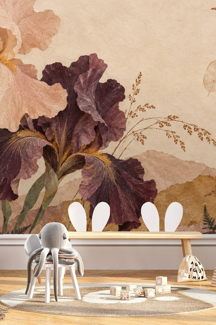 Wallpaper detail showing wispy grass stems and floral elements in soft earth tones