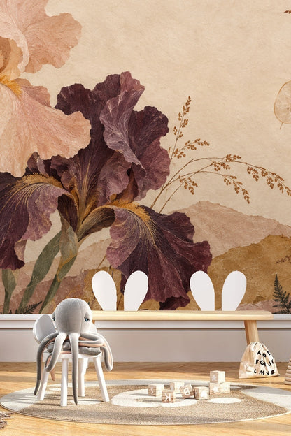 Wallpaper detail showing wispy grass stems and floral elements in soft earth tones