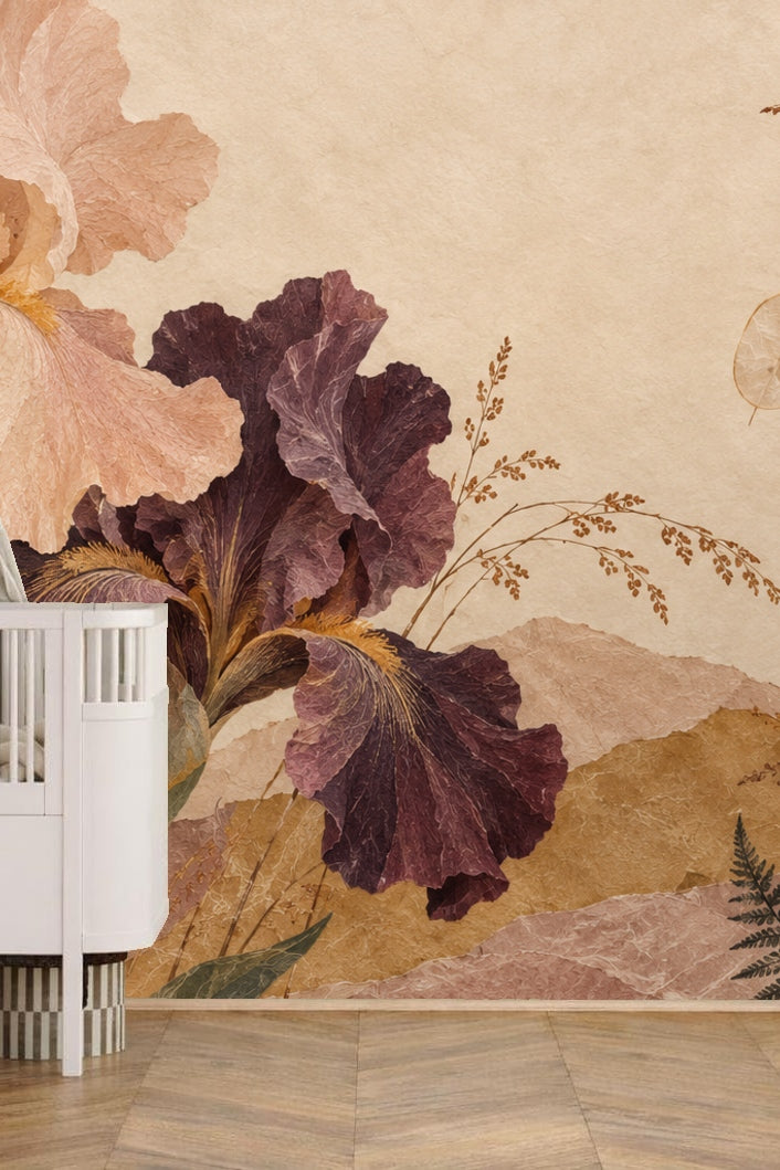 Artistic wallpaper wall featuring combined floral and hillside elements