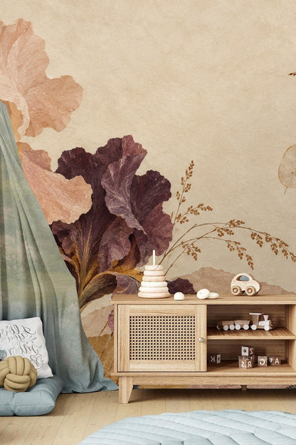 Muted botanical wallpaper in a well-lit modern playroom setting