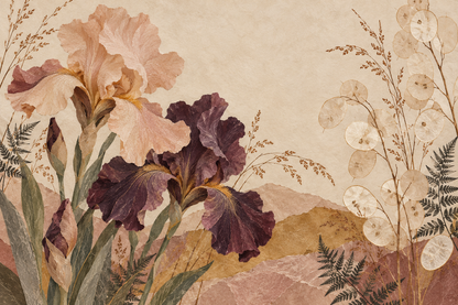 Soft floral wallpaper with balanced composition of flowers, foliage, and hills