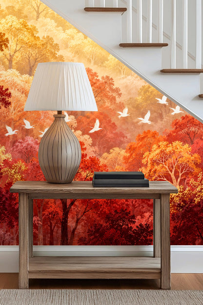 Textured depiction of autumnal trees with warm reds and golden highlights.