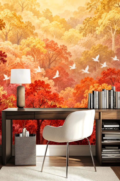 Detailed scene of autumn woodland with bright yellow, peach and red leafy trees.