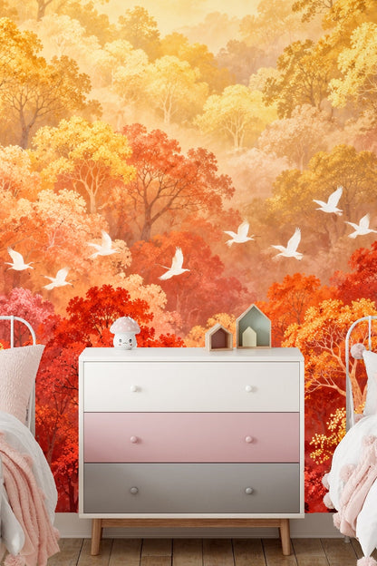 Wallpaper artwork showing layered autumn forest in red, orange, and gold hues with white birds flying across the middle.