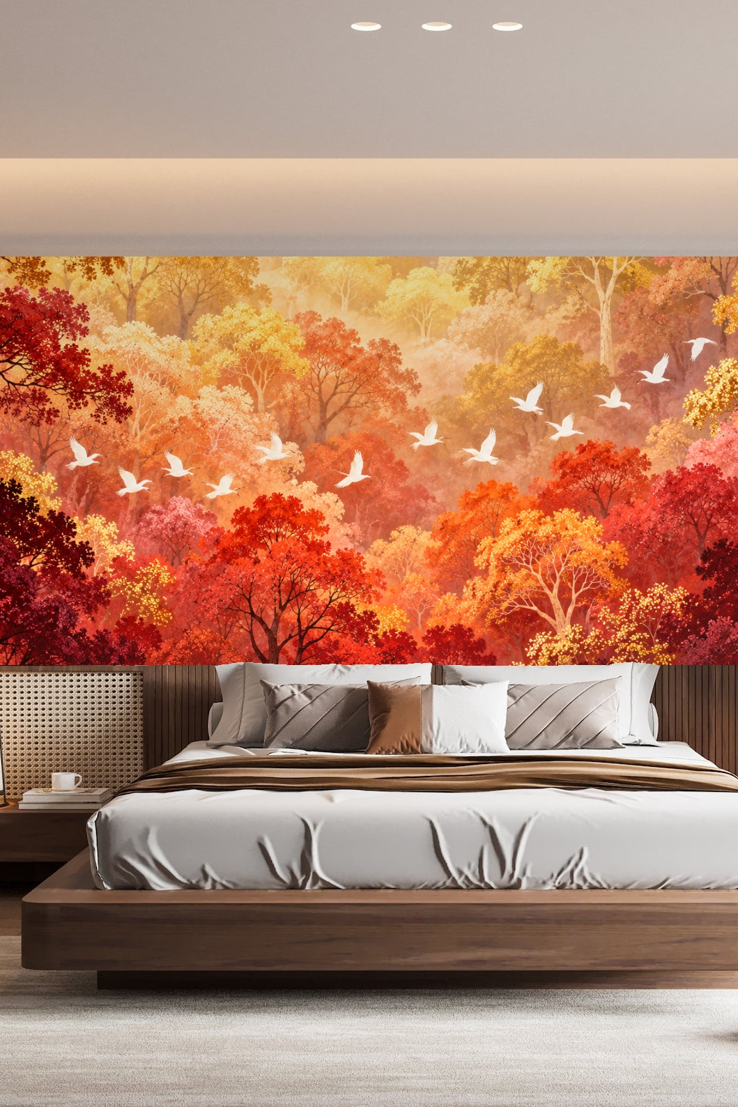 Interior setting showing wallpaper detail with falling leaves motif over nursery crib.