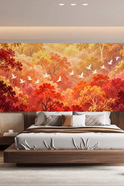 Interior setting showing wallpaper detail with falling leaves motif over nursery crib.