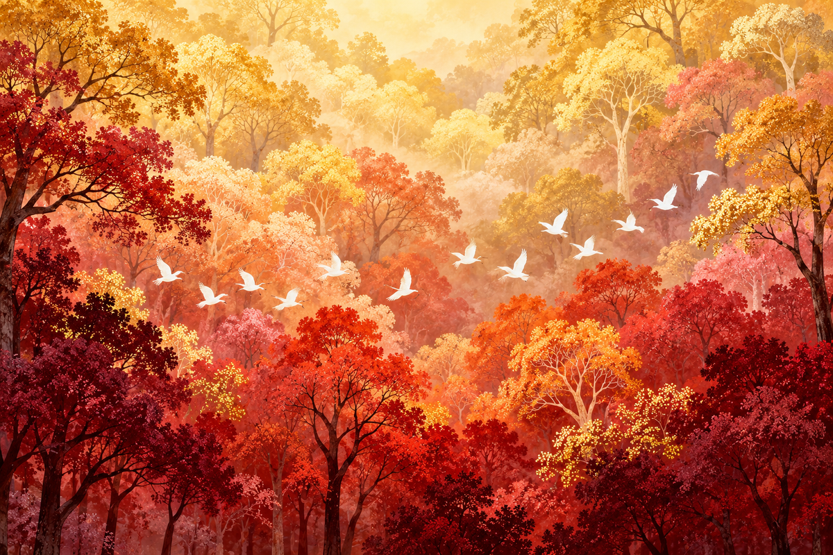 Muted sunlight filtering through richly colored autumn trees themed wallpaper.