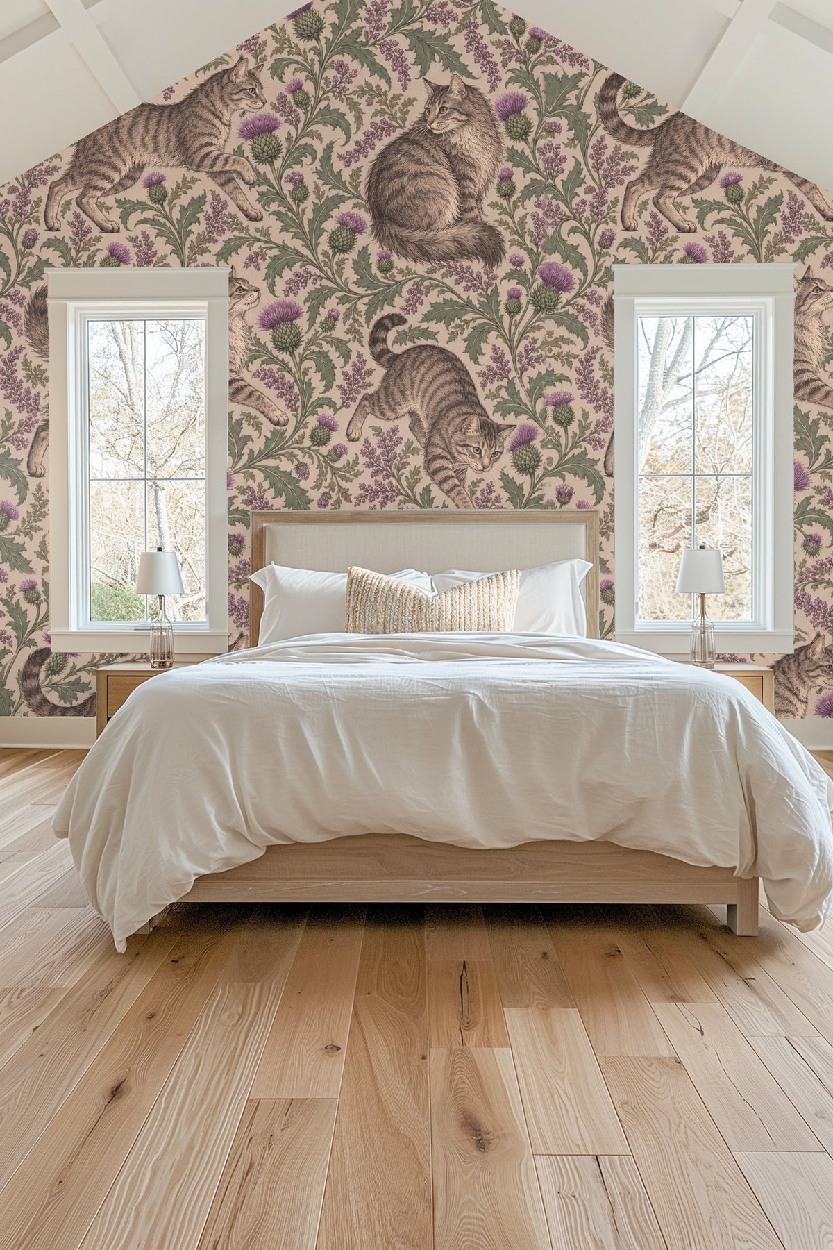 Tabby cat pausing with head turned in floral botanical wallpaper