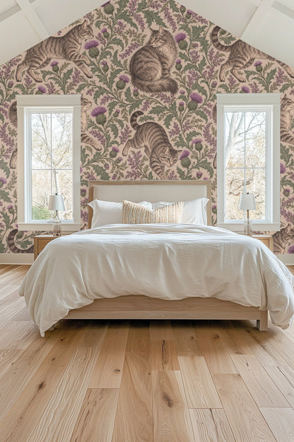 Tabby cat pausing with head turned in floral botanical wallpaper