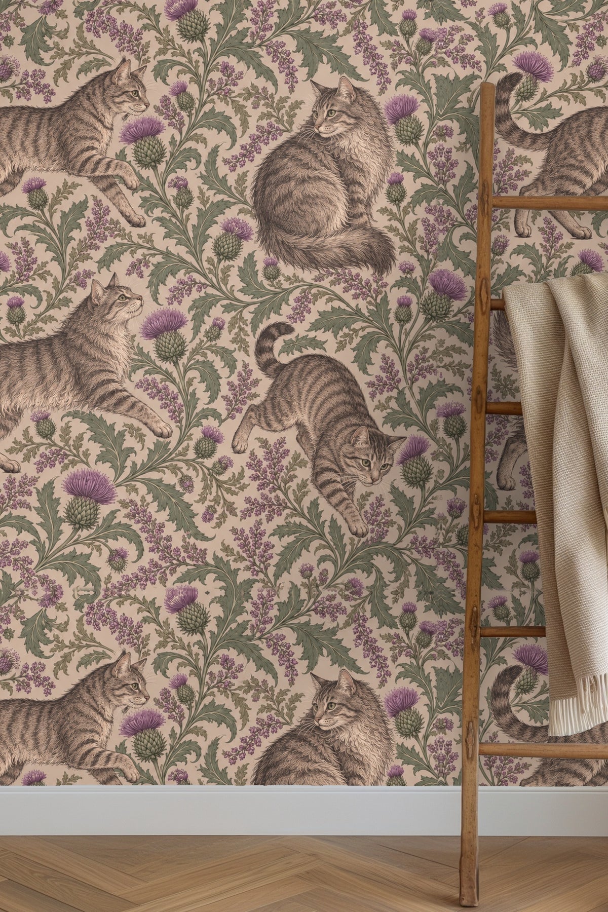 Pattern repeat showing tabby cats among thistle flowers in mauve and green on beige background