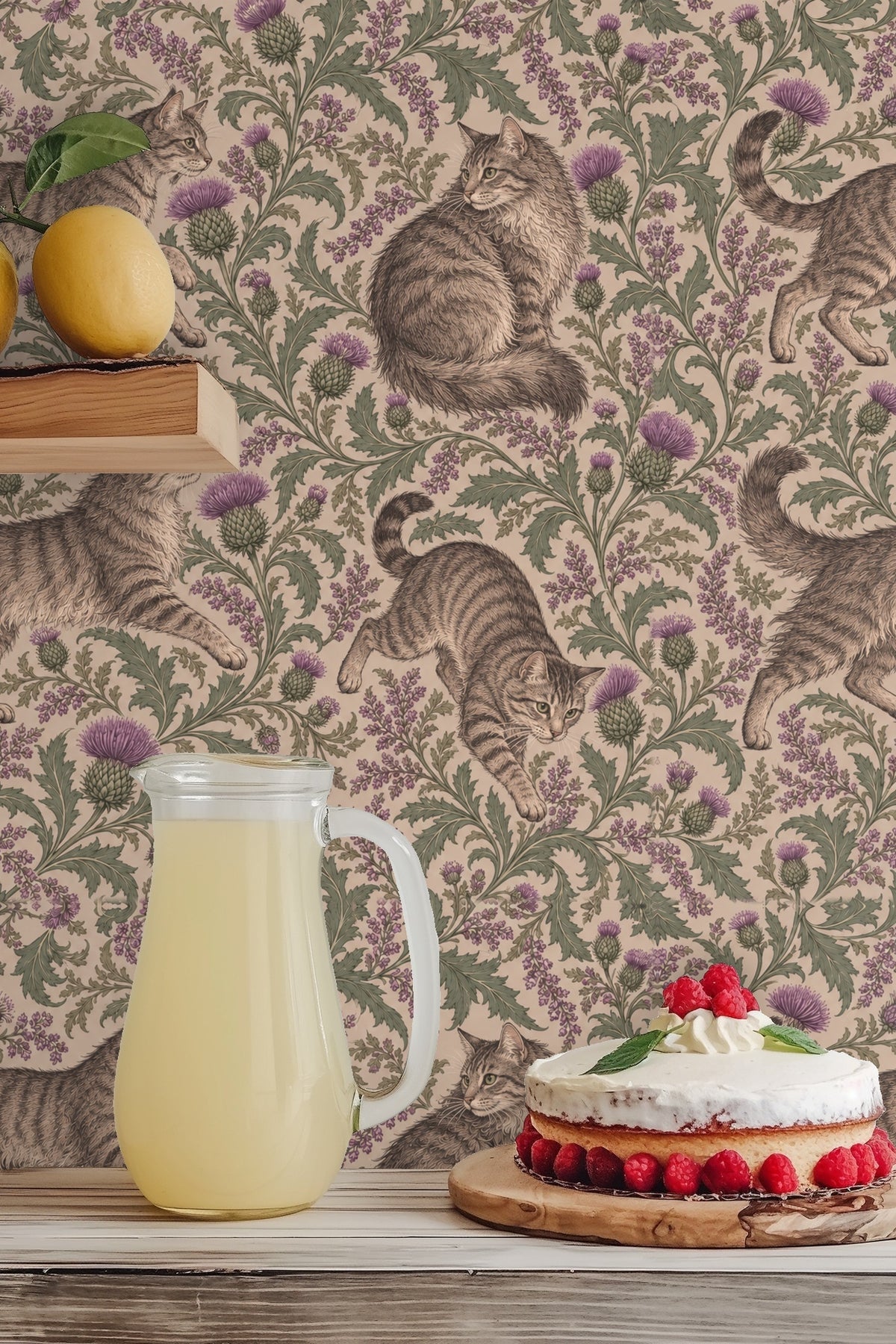 Wallpaper pattern illustrating tabby cat looking upward at thistle flowers