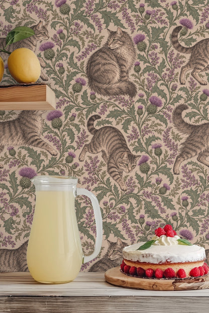 Wallpaper pattern illustrating tabby cat looking upward at thistle flowers