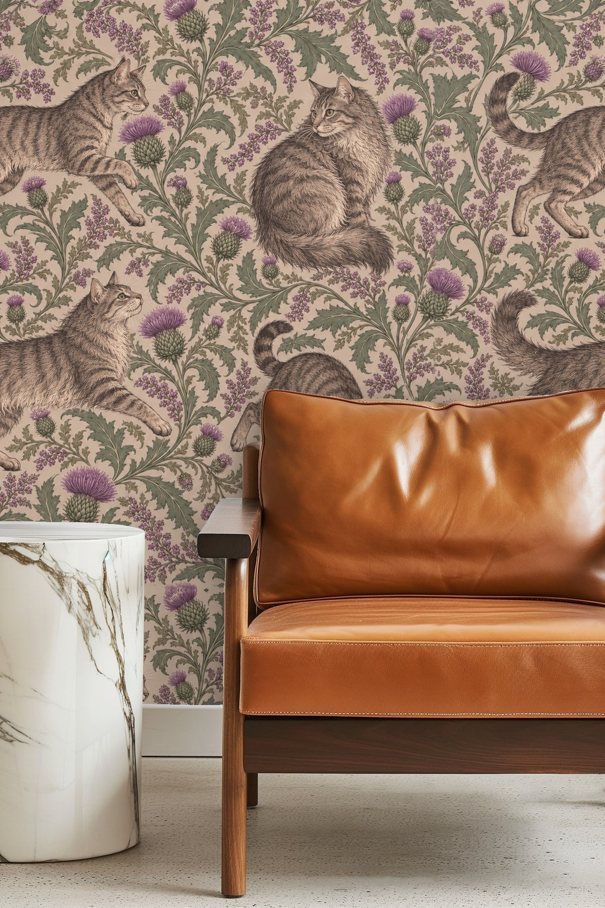Full wallpaper repeat showing four tabby cats in different poses among scrolling thistle branches