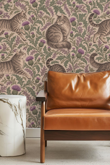 Full wallpaper repeat showing four tabby cats in different poses among scrolling thistle branches