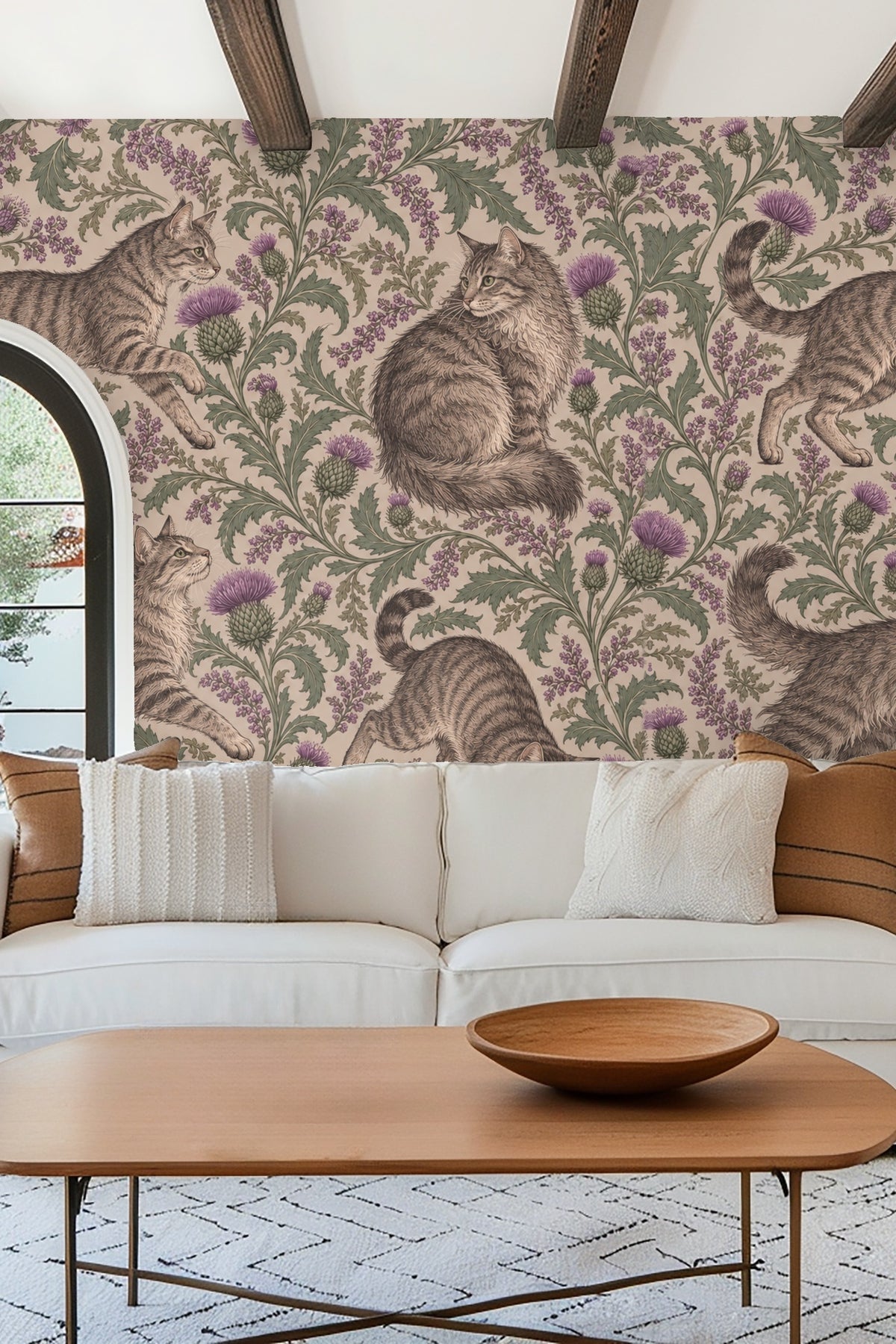 Scrolling thistle stems entwining in repeating botanical wallpaper