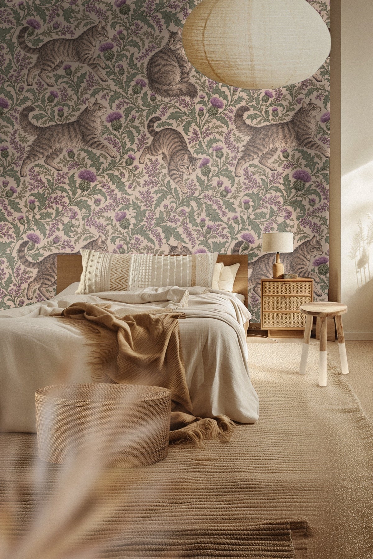 Close-up of wall with wallpaper featuring tabby cats and thistle plants next to wooden blanket ladder