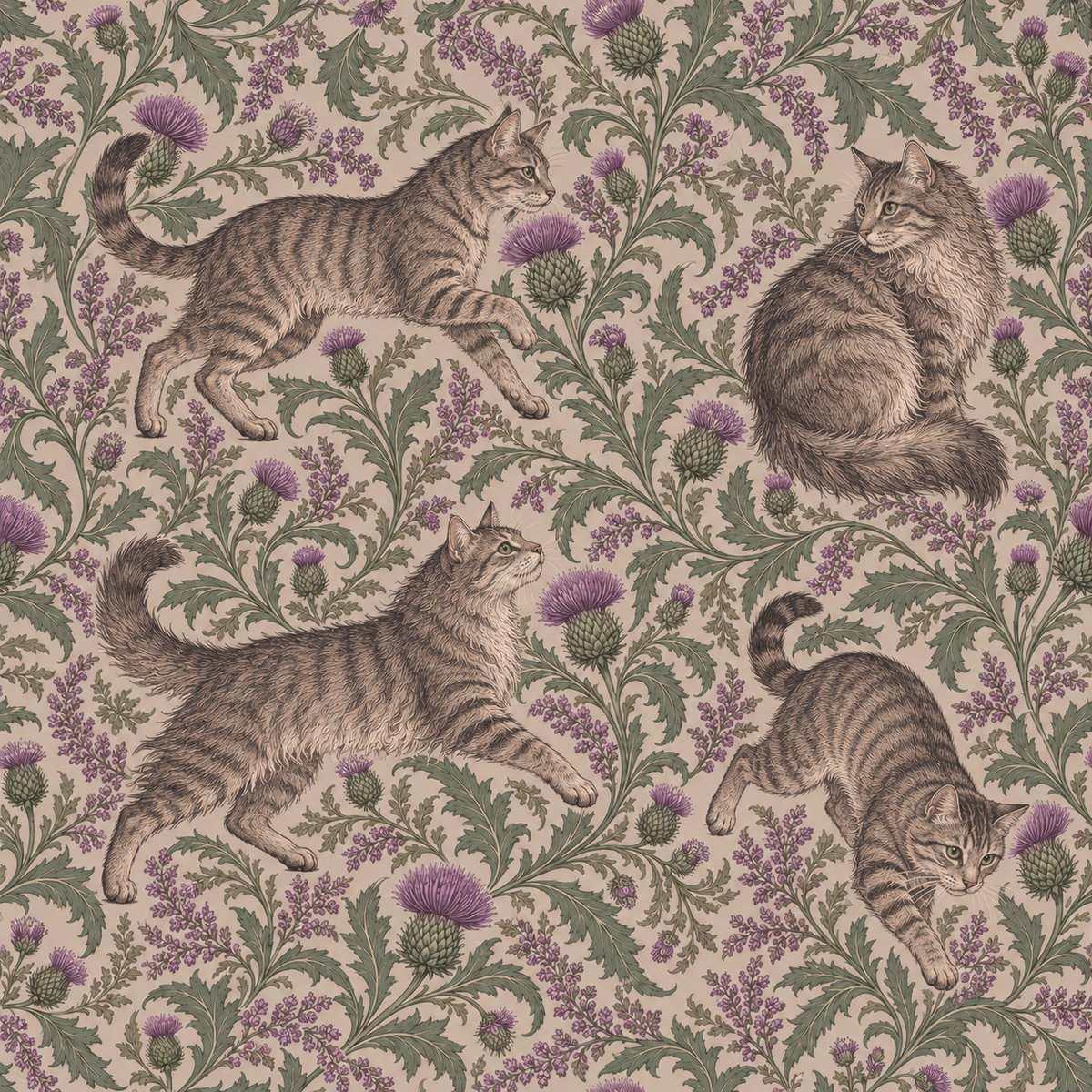 Wallpaper mural with tabby cats prowl in detailed thistles in soft muted tones