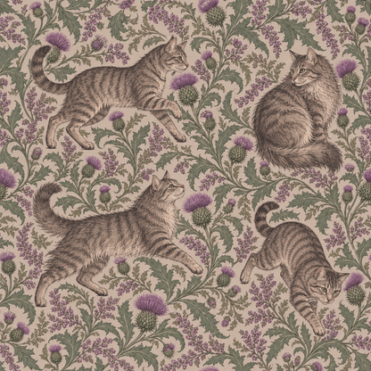 Wallpaper mural with tabby cats prowl in detailed thistles in soft muted tones