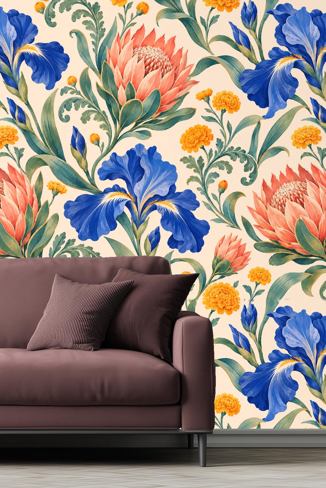 Wallpaper in nursery setting showing scale of large floral motifs