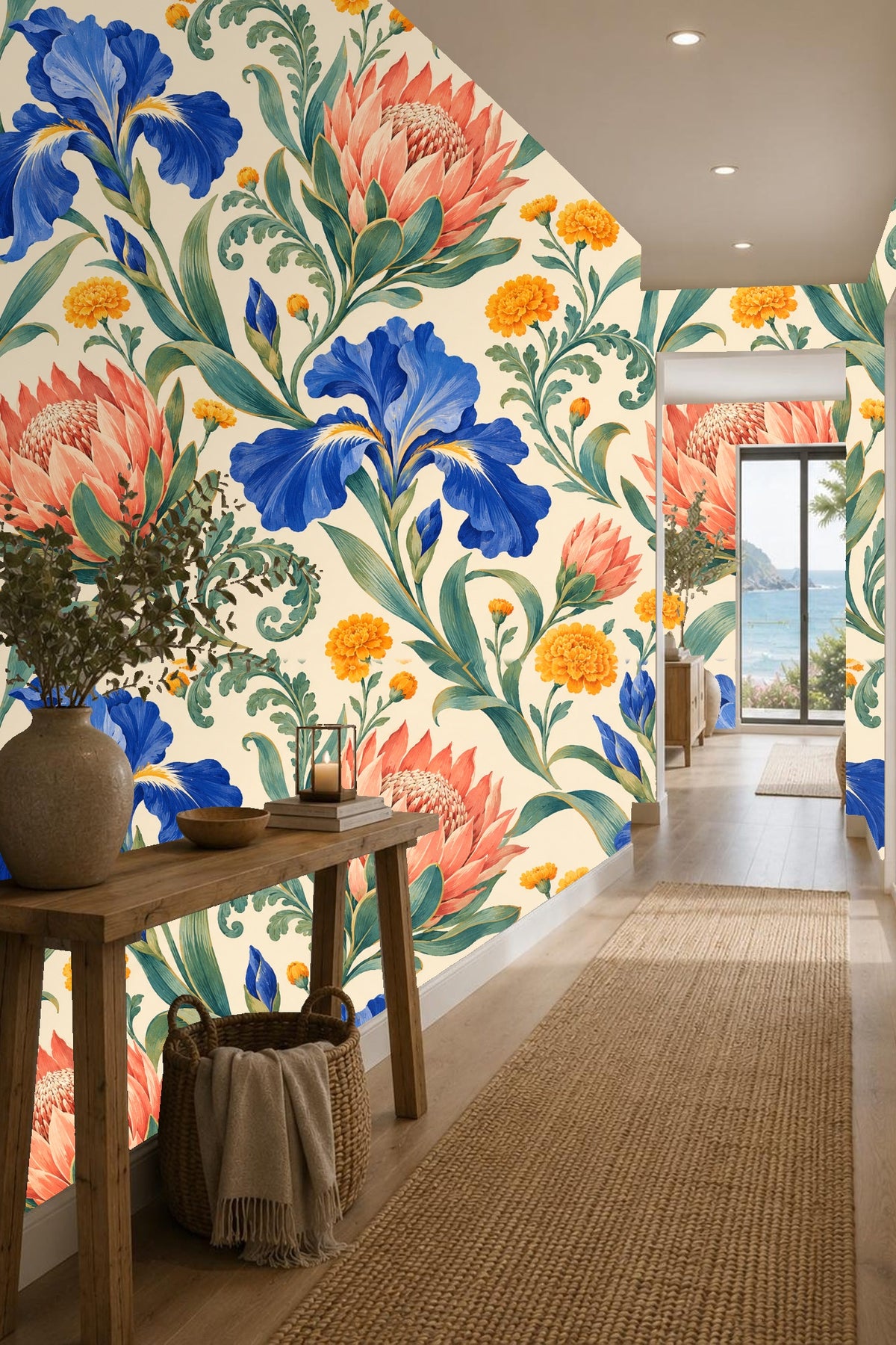 Wallpaper pattern showing repeating iris and protea arrangement