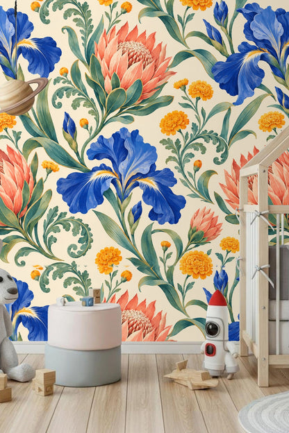 Close-up of vivid blue iris flower illustration on ivory background