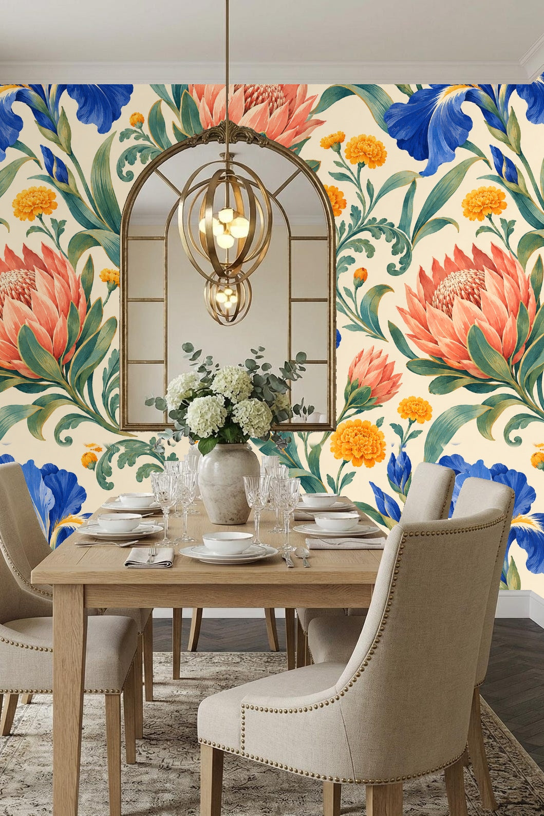 Work desk scene with botanical wallpaper backdrop