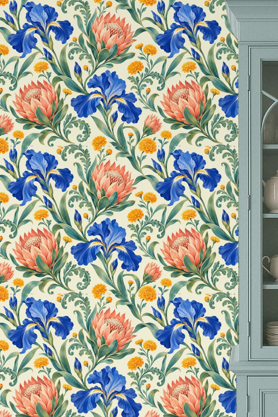 Green foliage curling in vintage botanical pattern