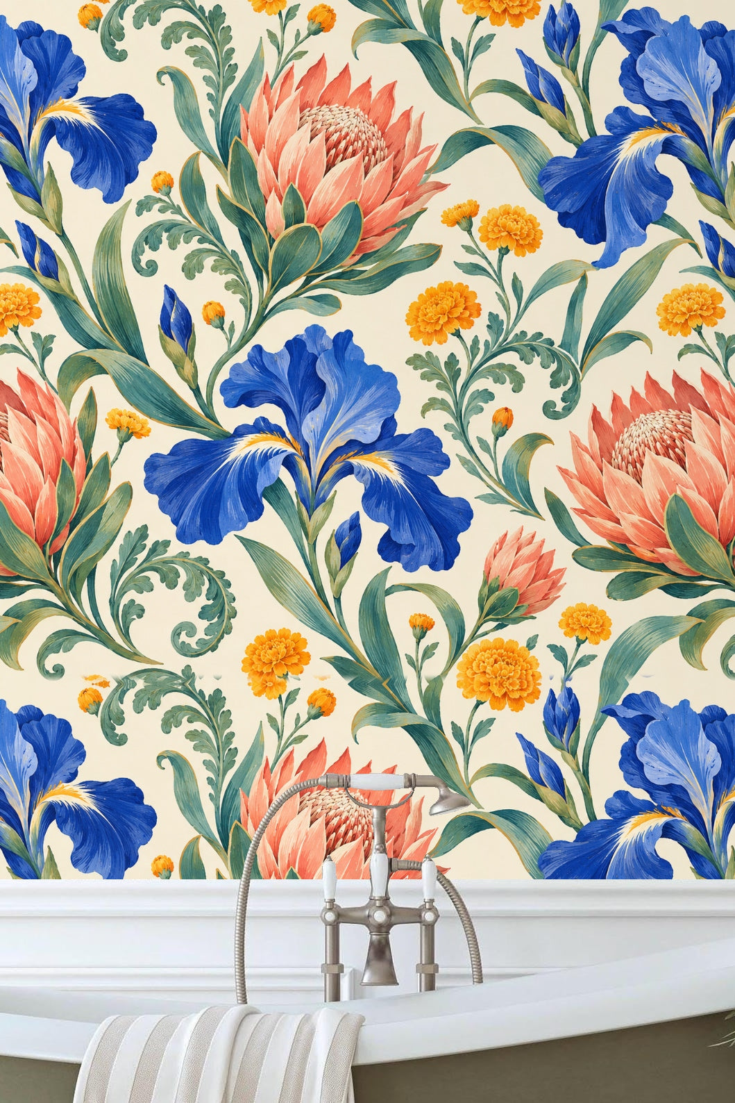 Hand-painted style flourishing green leaves and floral elements