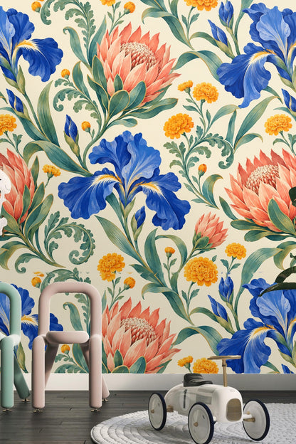 Detail of golden marigold blooms interspersed with green leafy scrolls
