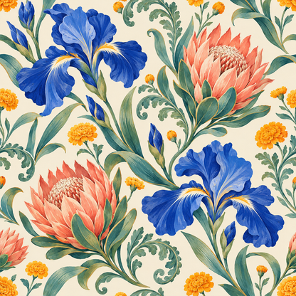 Oversized coral protea and blue iris motif pattern