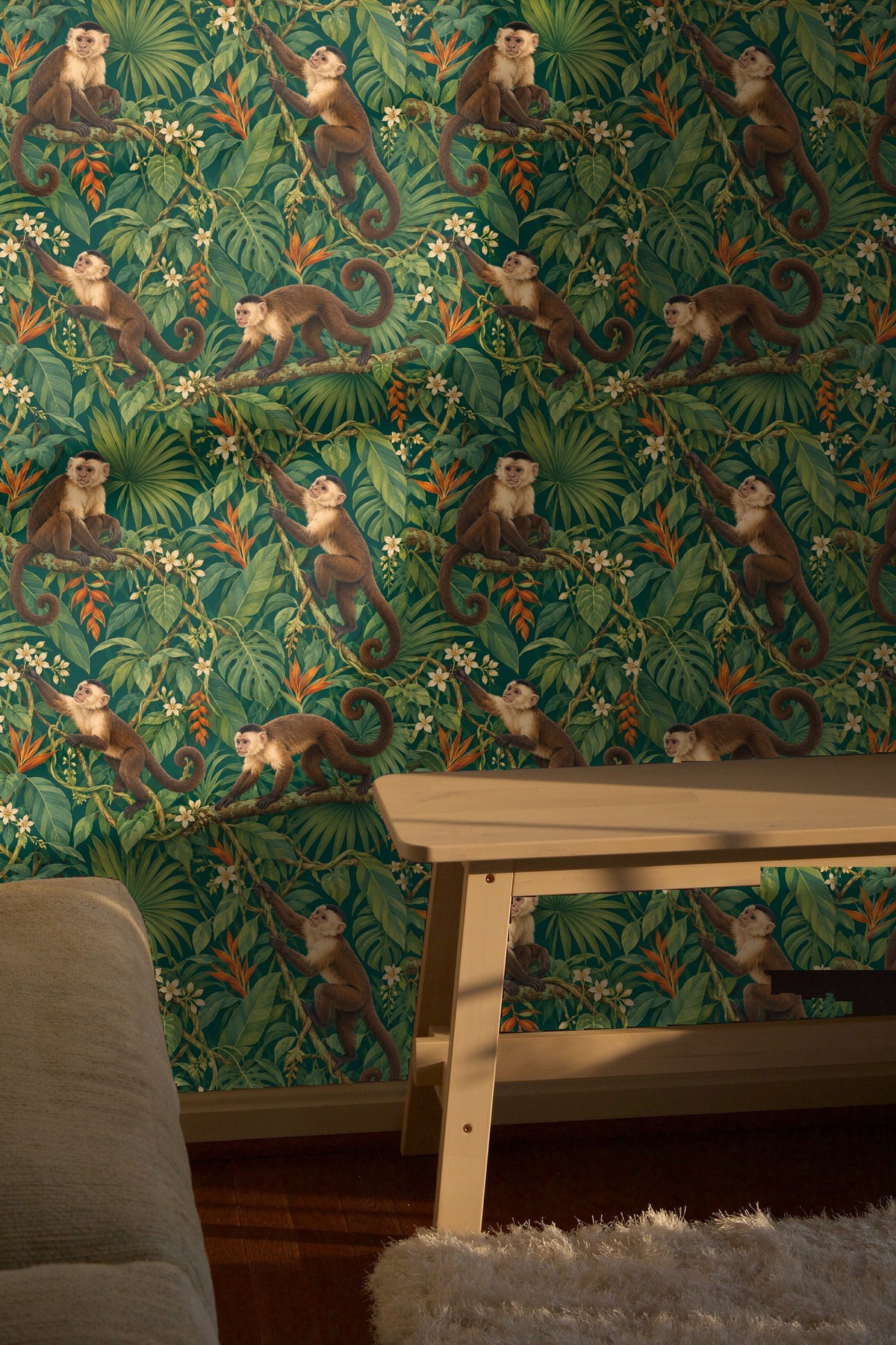 Vibrant green background with intricate tangled tropical plants and monkeys