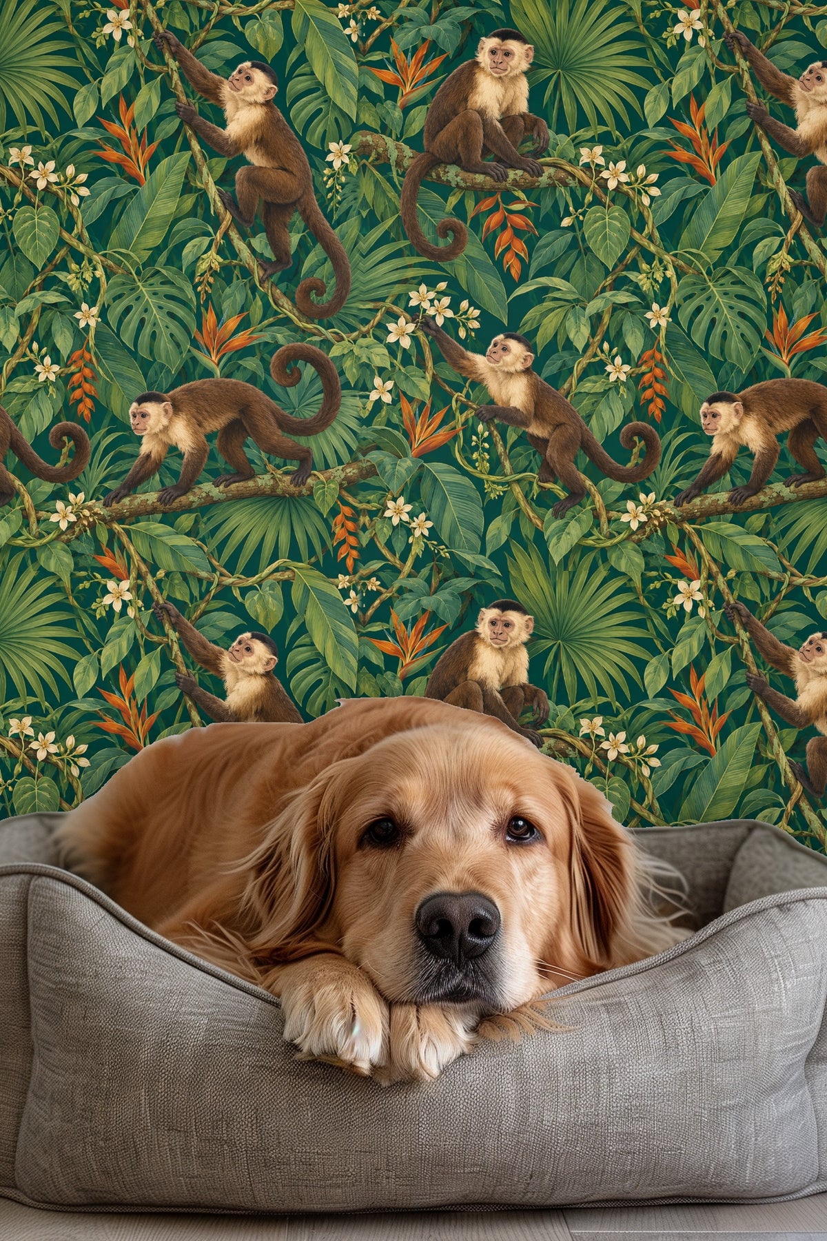 Detailed wallpaper artwork with capuchin monkeys climbing tropical vines and lush green leaves