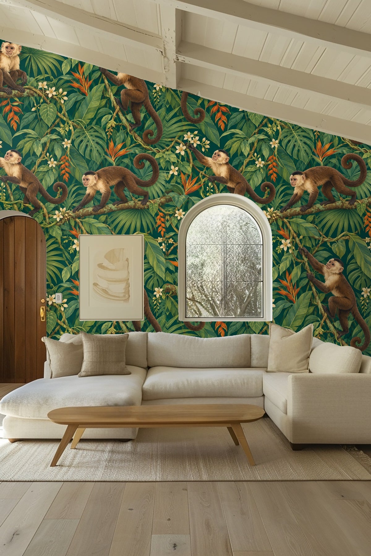 Large palm and monstera leaves as part of wallpaper botanical motif