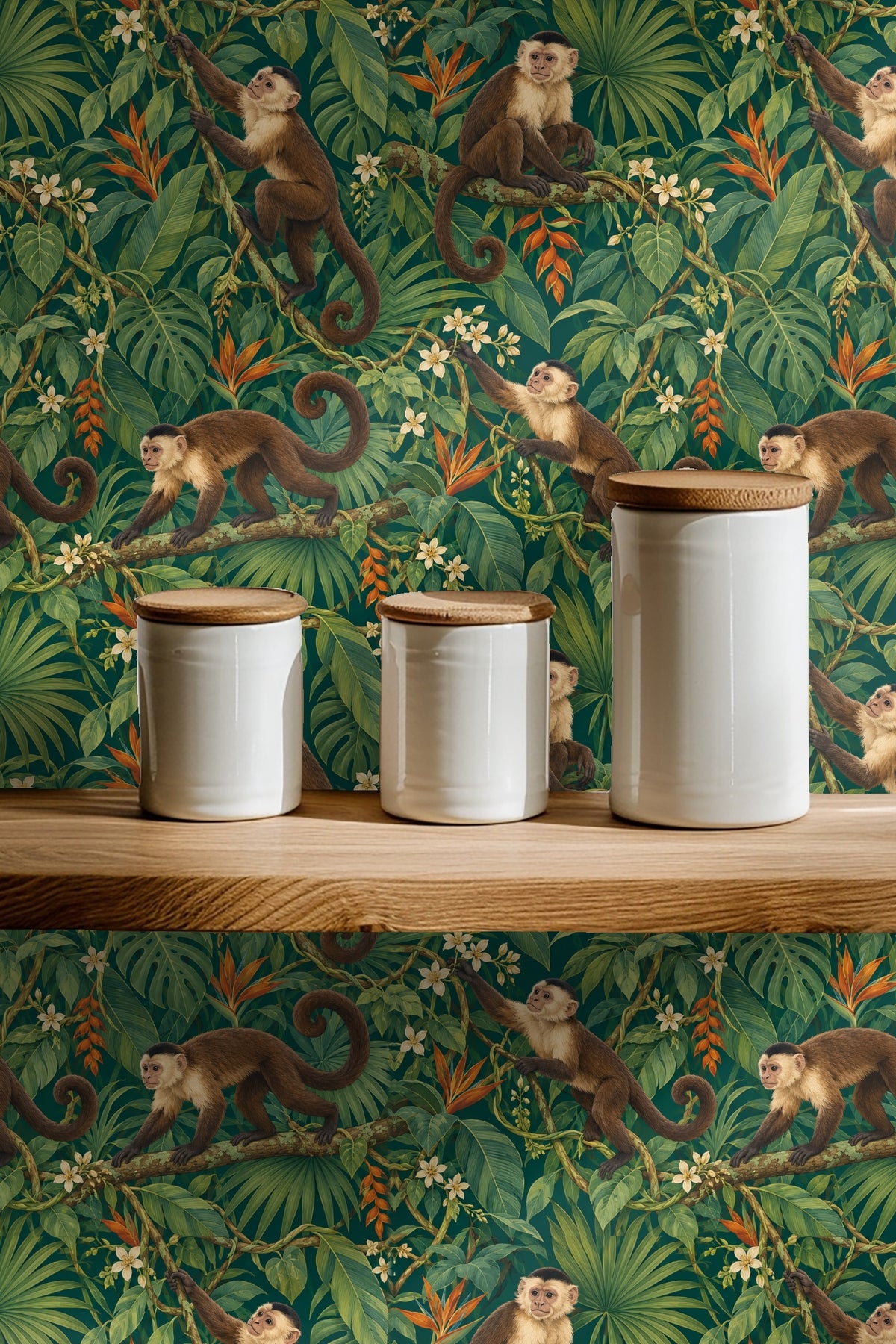 Pattern showing multiple monkeys perched and climbing on artful jungle foliage