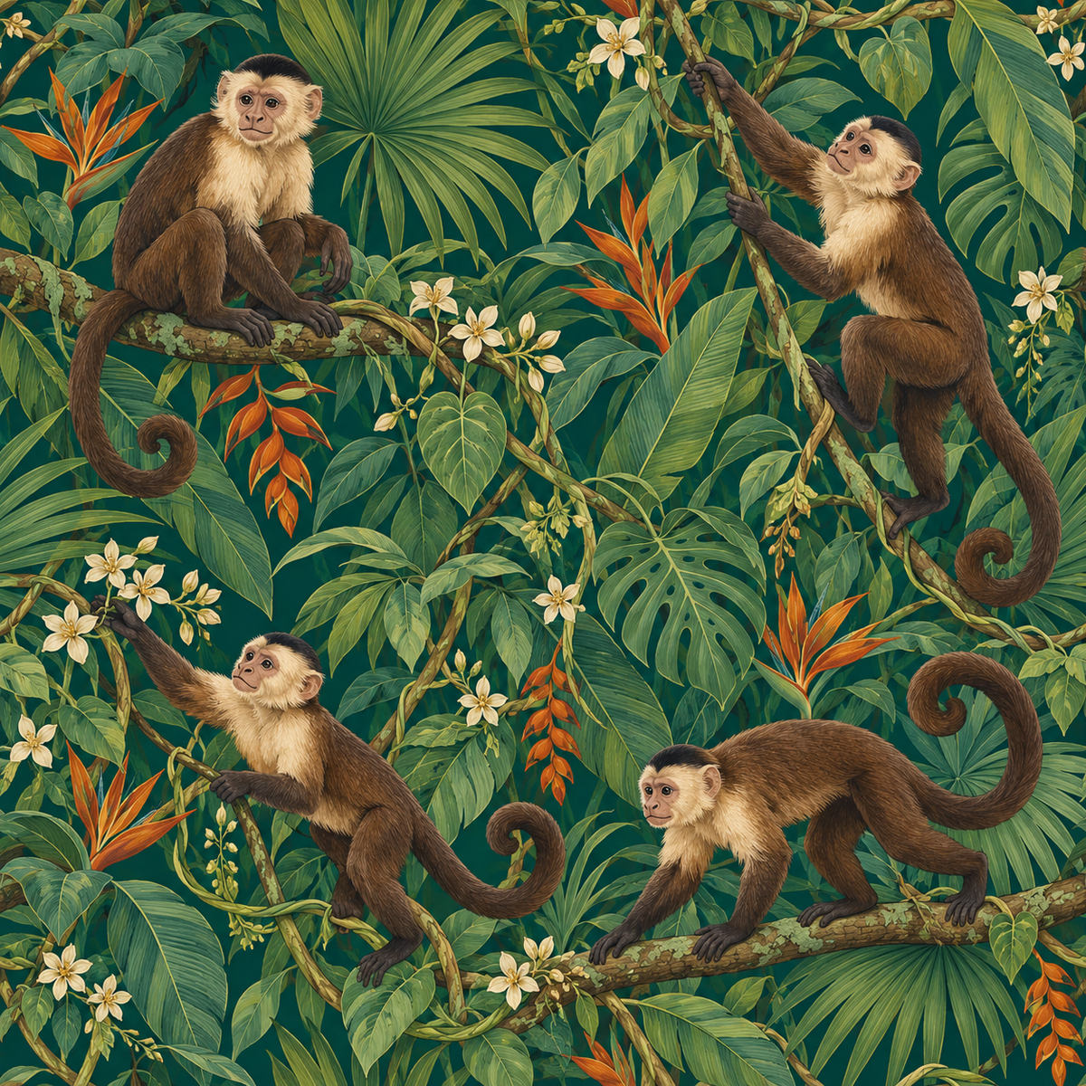 Orange and green tropical floral accents on detailed wallpaper