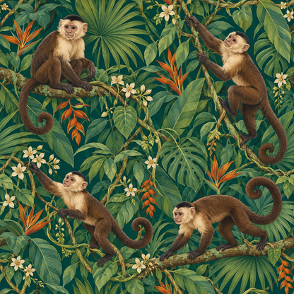 Orange and green tropical floral accents on detailed wallpaper