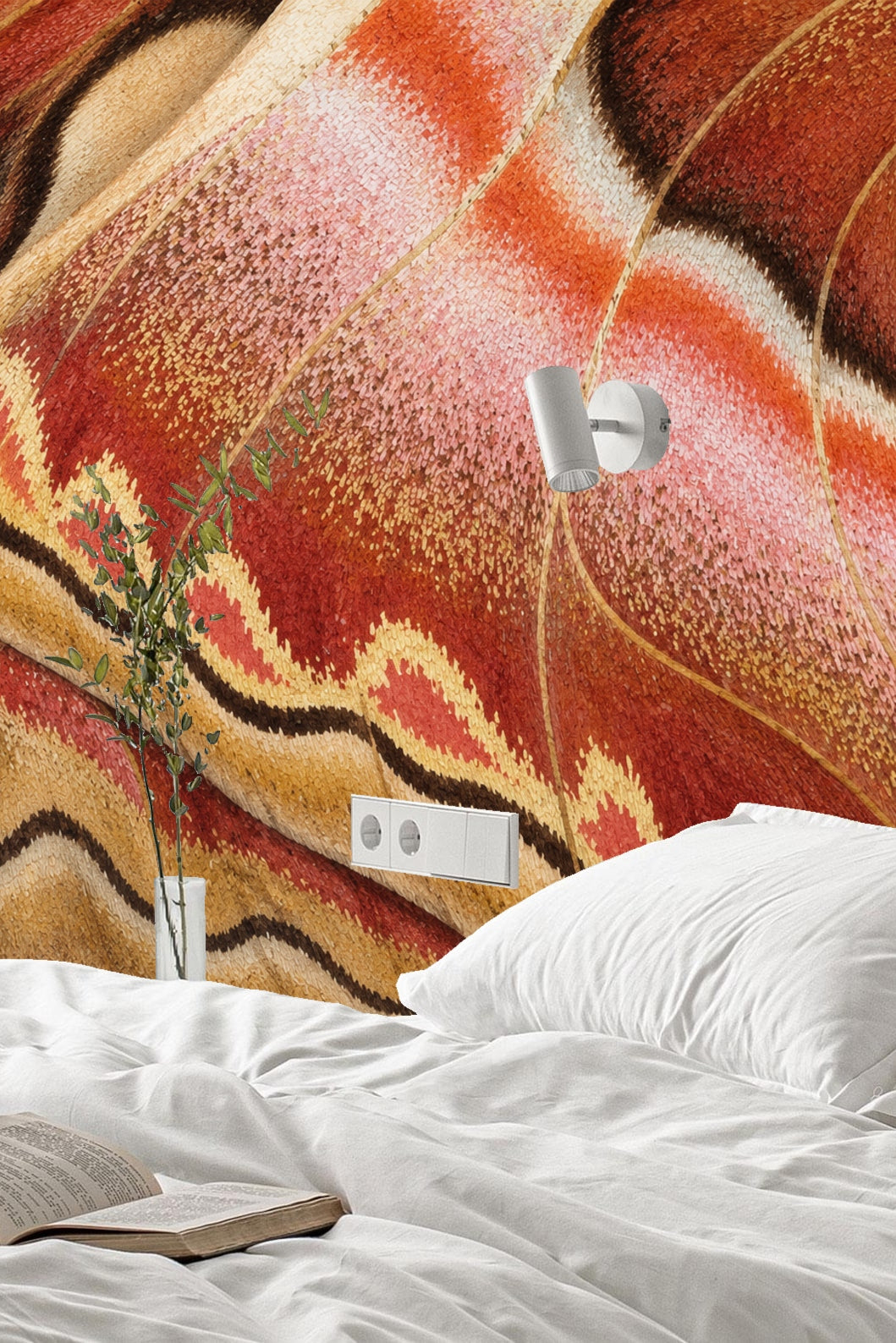 Side view of midcentury modern styled room with wallpaper accent.