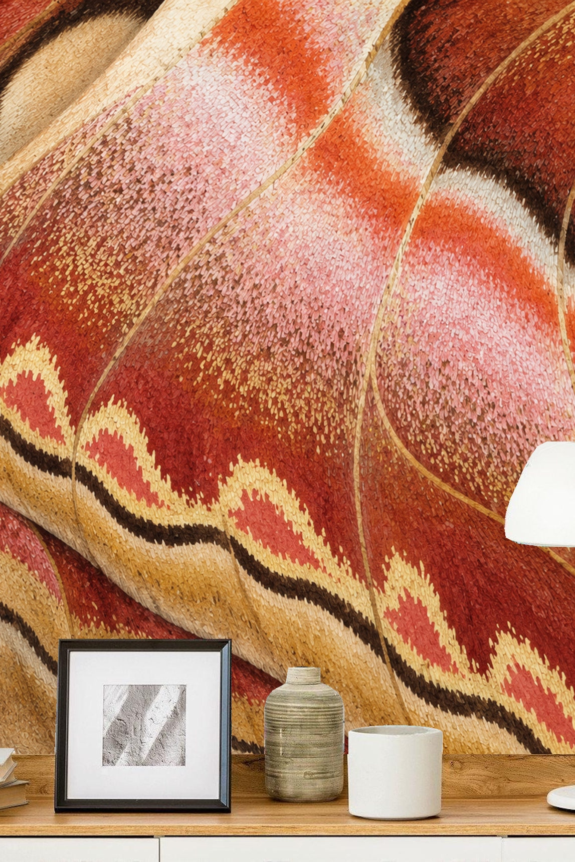 Wall section showing gradient layering and fine linear details of the wallpaper pattern.