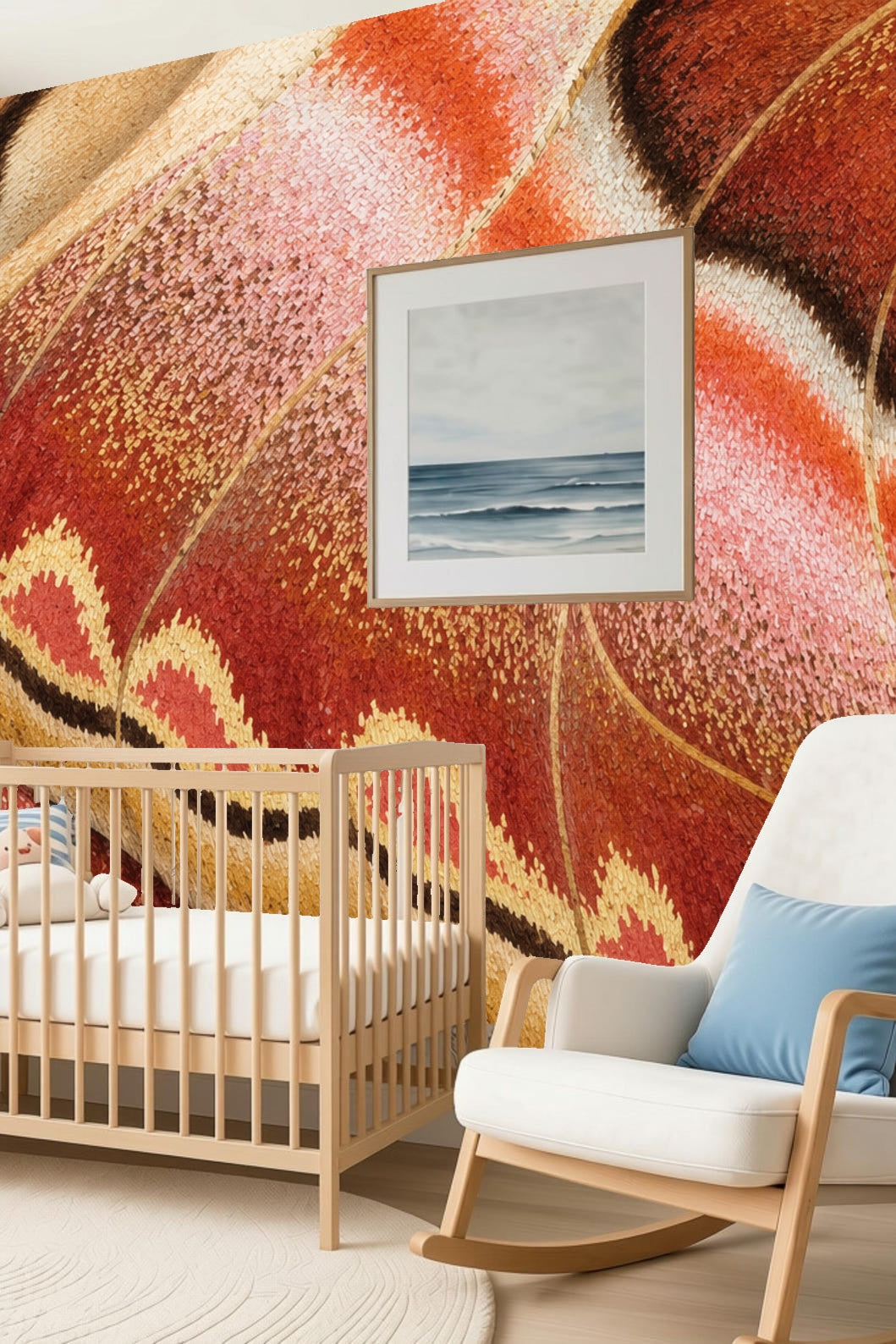 Artwork pattern emphasizing curving ochre, sienna, and pink color bands.