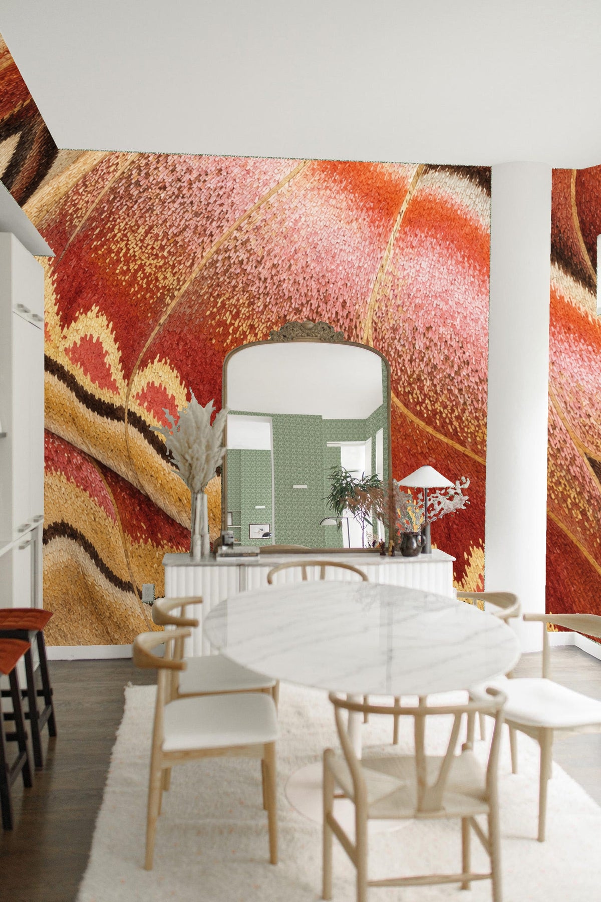Close-up of handcrafted texture and tonal variations in the wallpaper.
