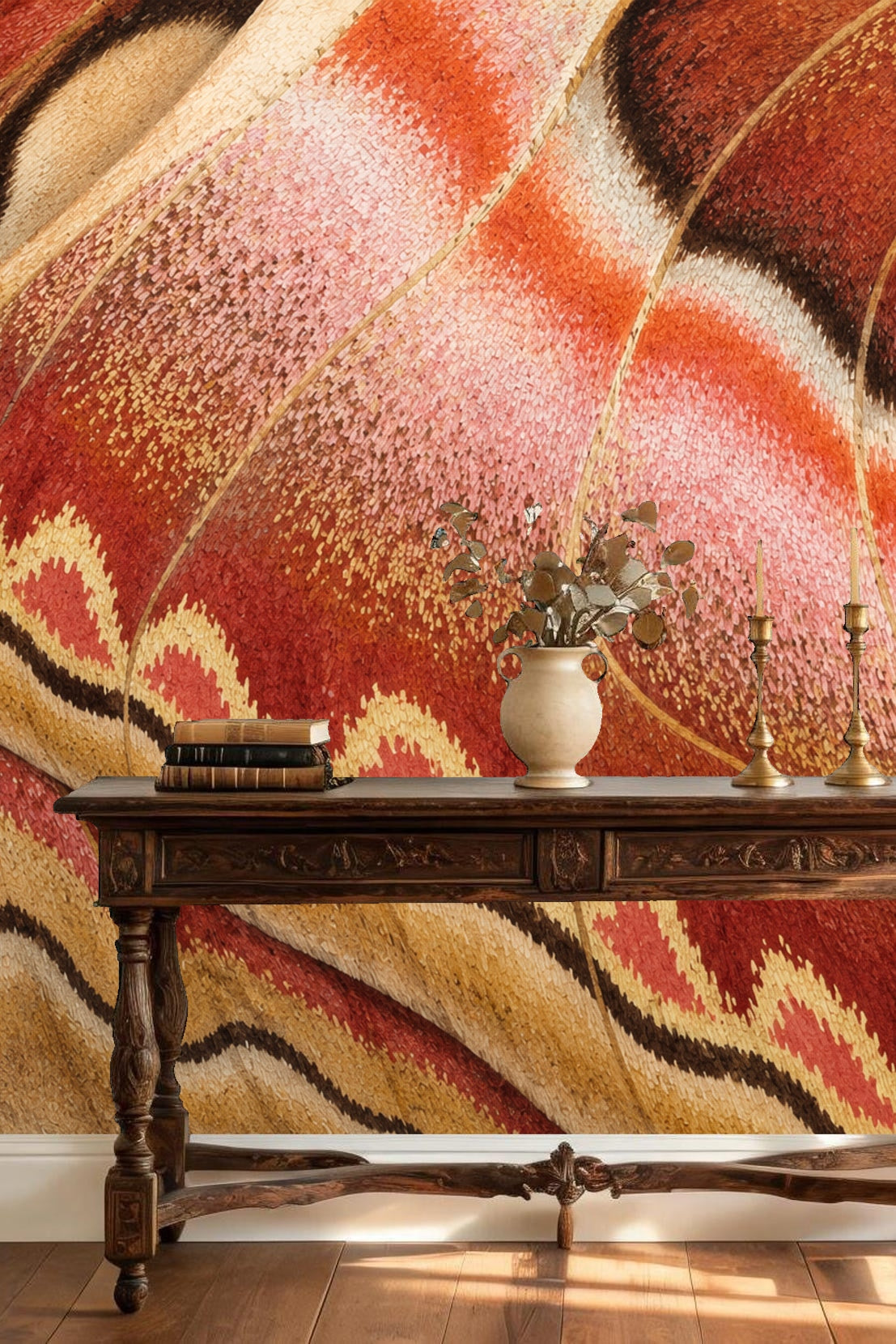 Detailed close-up of textured organic wave wallpaper artwork in warm browns and pinks.