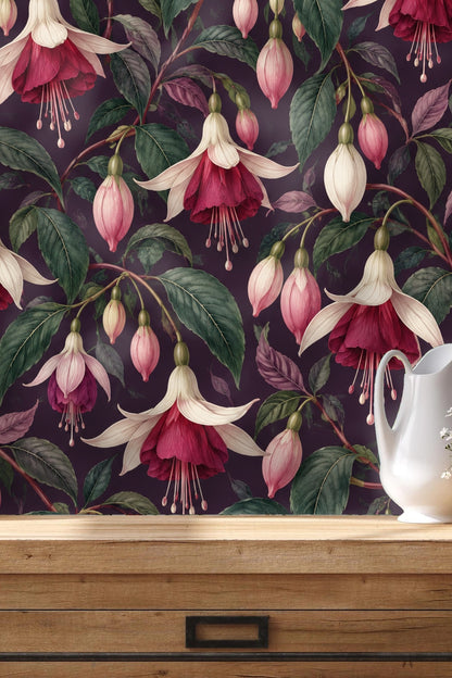 Vintage-inspired floral arrangement with shaded petals and stems in wallpaper