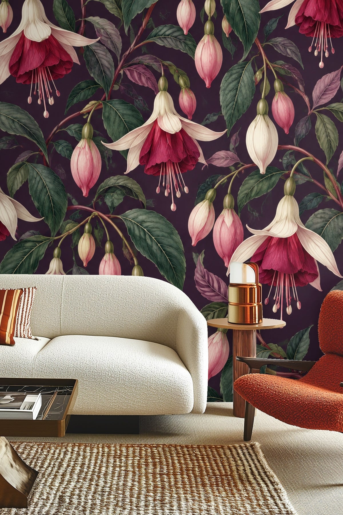 Branches with pink buds and green leaves forming repeating wallpaper pattern