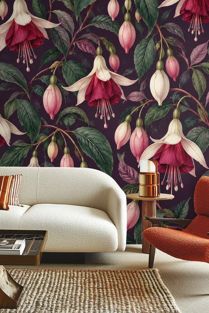 Branches with pink buds and green leaves forming repeating wallpaper pattern