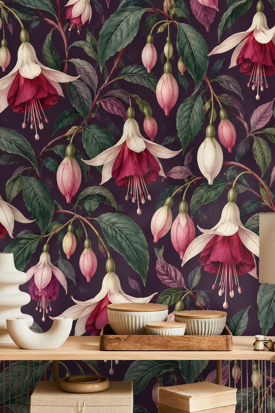 Artistic rendering of cascading fuchsia flowers and unopened buds