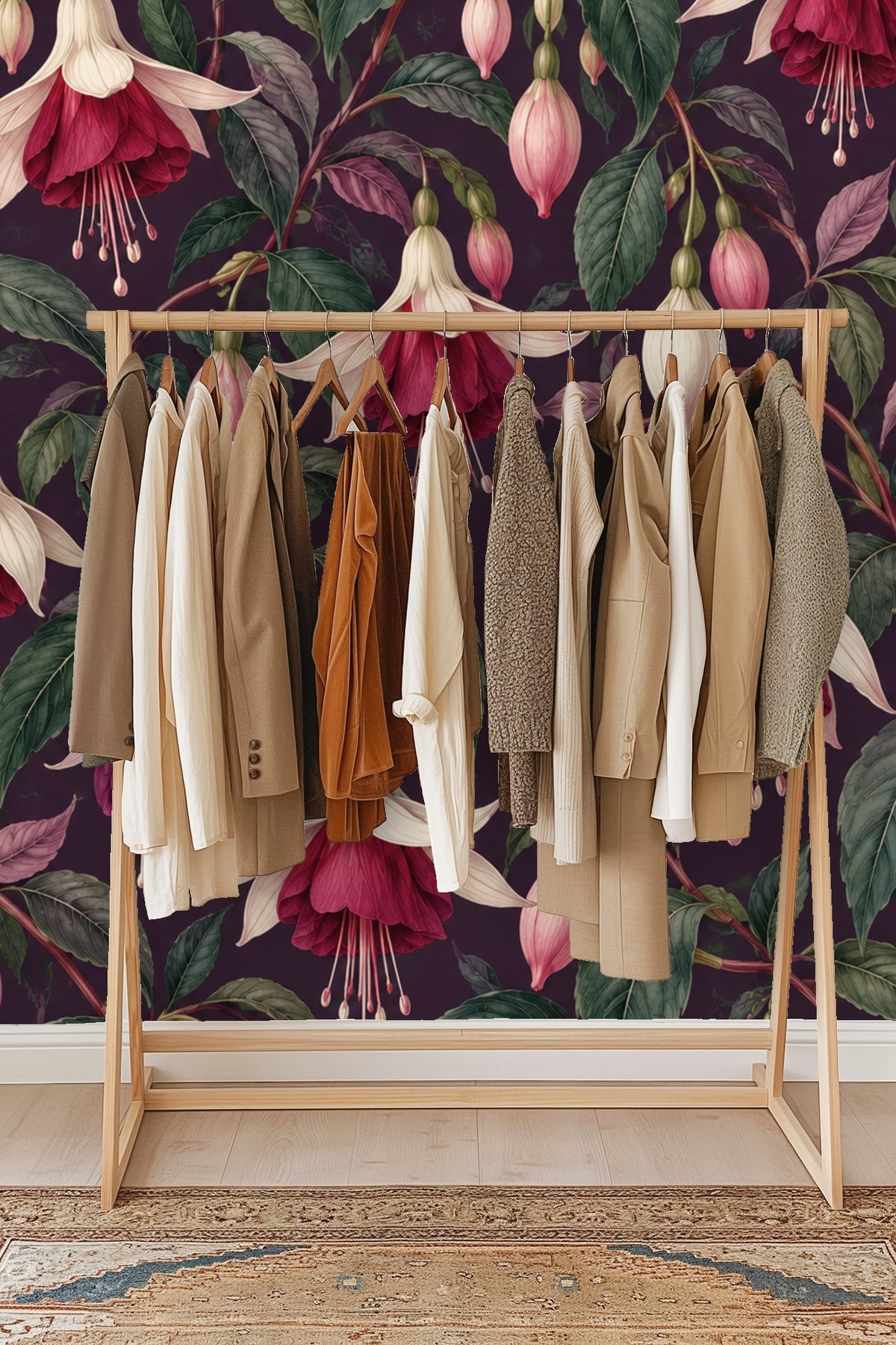 Wallpaper detail highlighting naturalistic leaves and floral buds